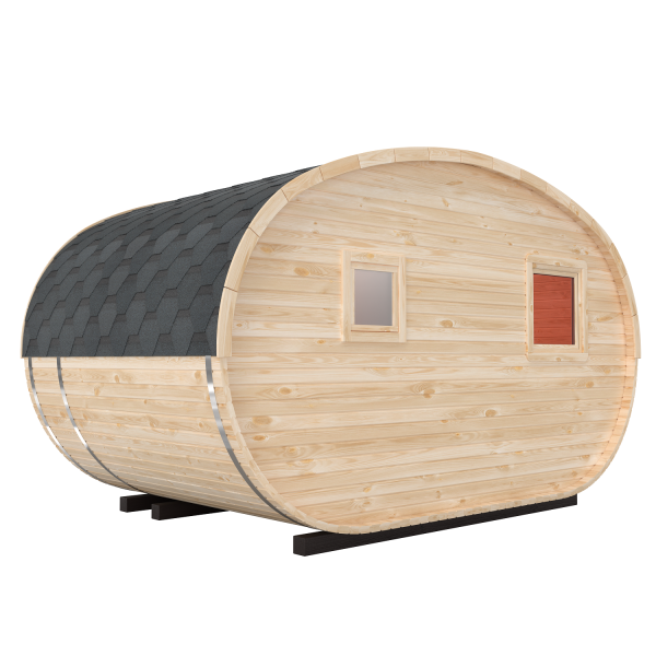 Fasssauna / Gartensauna / Banja / Oval 4,0 m mit Vorraum und Balkon